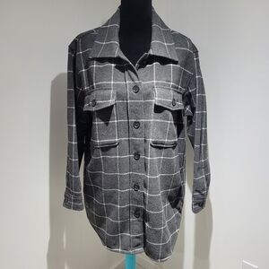 Tilley Women's Wool Blend Windowpane Plaid Button Down Shacket XL Gray White